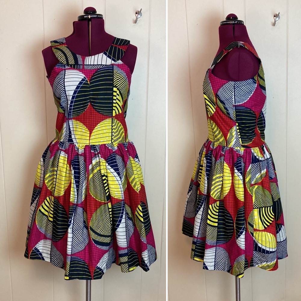 Vintage Handmade Wax Block Print Fit & Flare Dress Medium Retro Rockabilly
